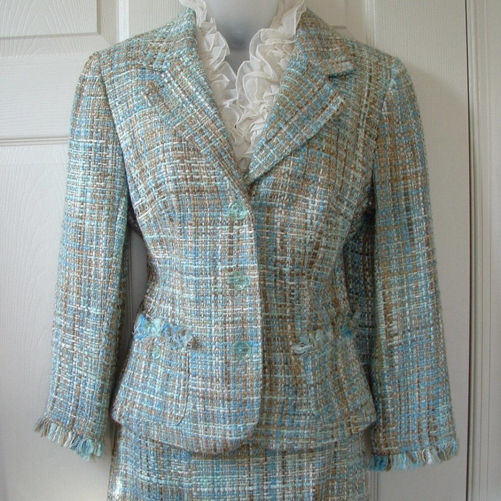 Jonathan Martin Tweed Suit Blazer Skirt Fringed